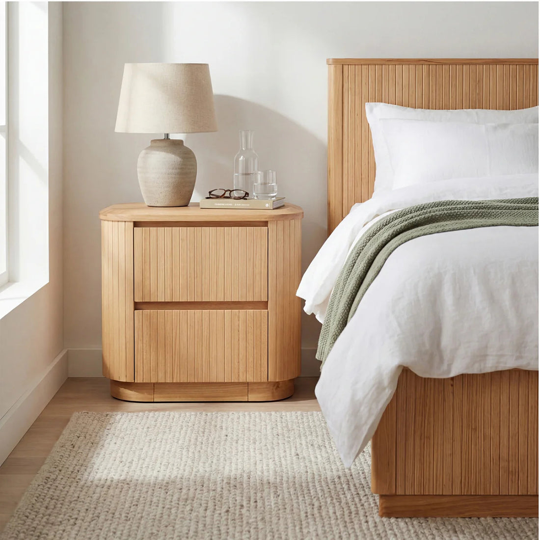 Avalon 4pc King Bedroom Set Bed Frame Tallboy Bedside Table Natural