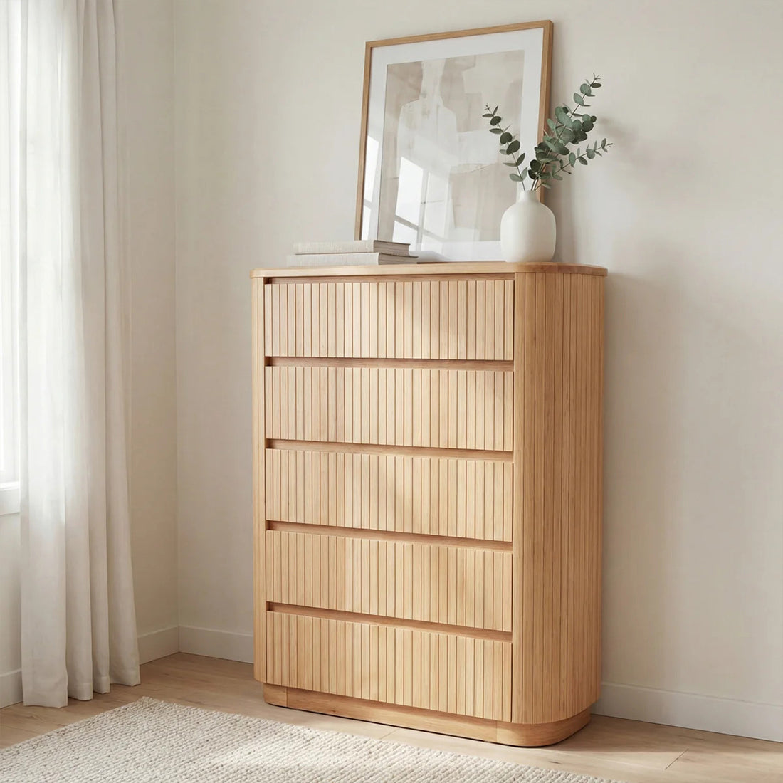 Avalon 4pc King Bedroom Set Bed Frame Tallboy Bedside Table Natural