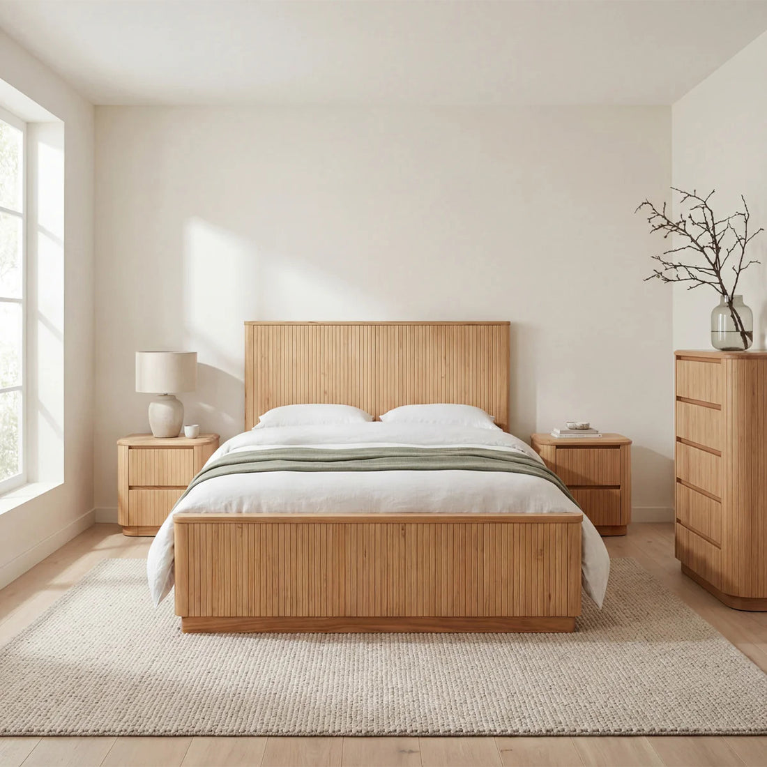 Avalon 4pc King Bedroom Set Bed Frame Tallboy Bedside Table Natural
